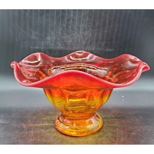 Vintage Kanawha Amberina Ruffled Compote Candy Dish Bowl 9.25" Red Yellow